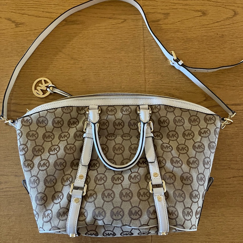 Michael Kors Khaki w dark logo canvas and cream leather trim satchel purse